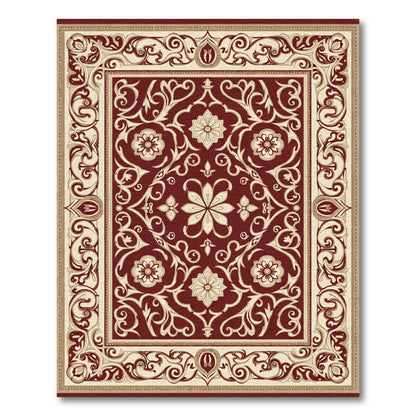 Deep Red Antique Scrollwork Blossom Rug
