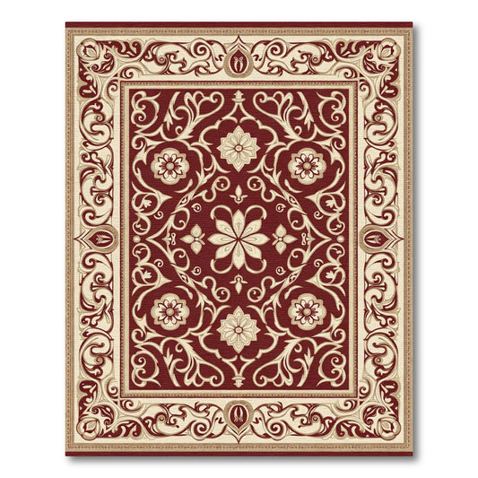 Deep Red Antique Scrollwork Blossom Rug