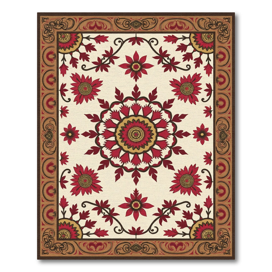 Rich Red And Gold Floral Field Rug