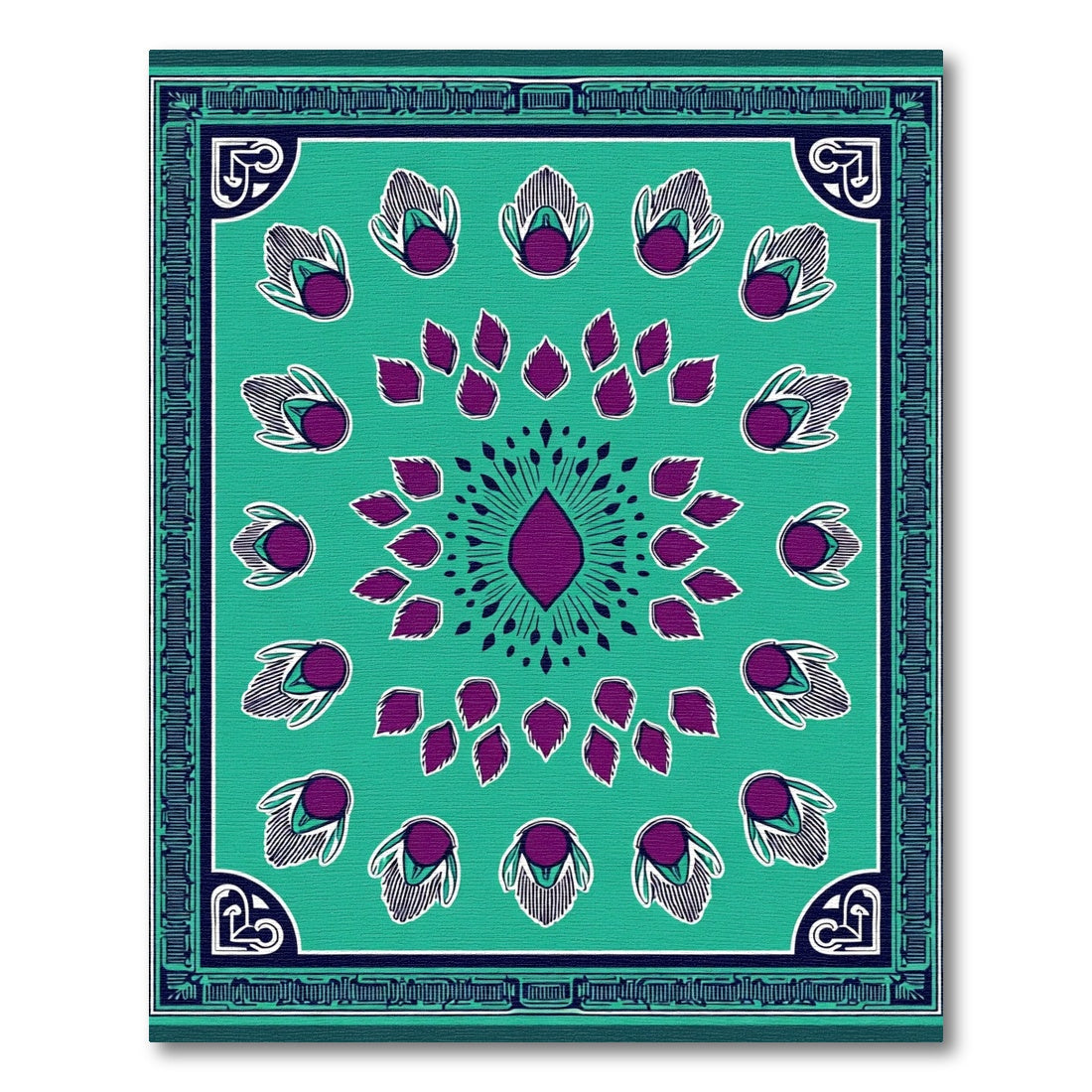Teal Plum Feather Mandala Rug