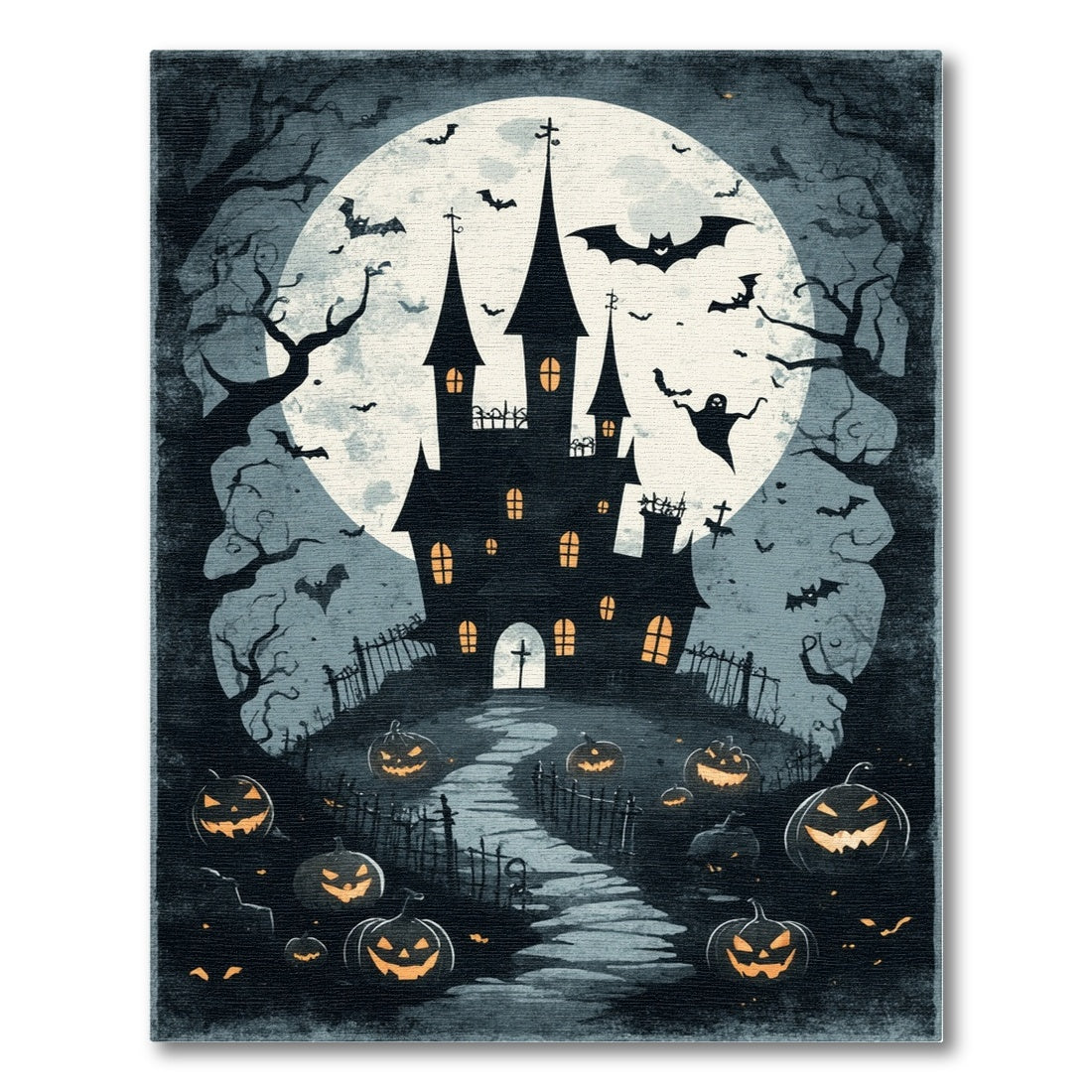 Black and White Haunted Castle Halloween Area Rug