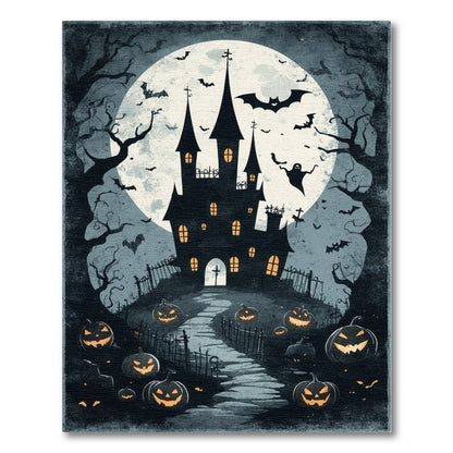 Black and White Haunted Castle Halloween Area Rug