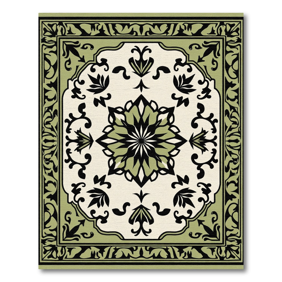 Olive Black Floral Medallion Vintage Rug