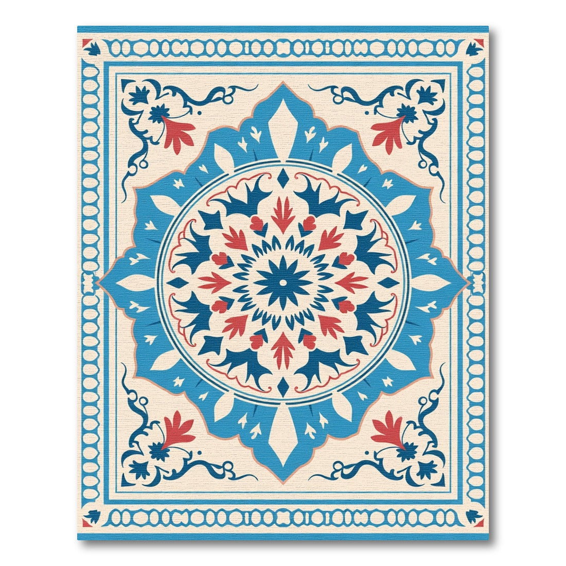 Navy Red Floral Medallion Cream Border Rug