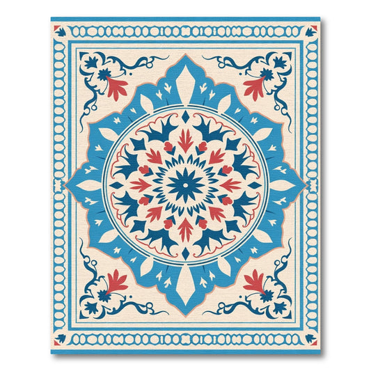 Navy Red Floral Medallion Cream Border Rug