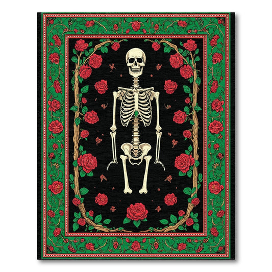 Red Rose Skeleton Black Area Rug