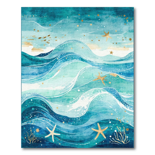 Teal Waves Gold Starfish Rug