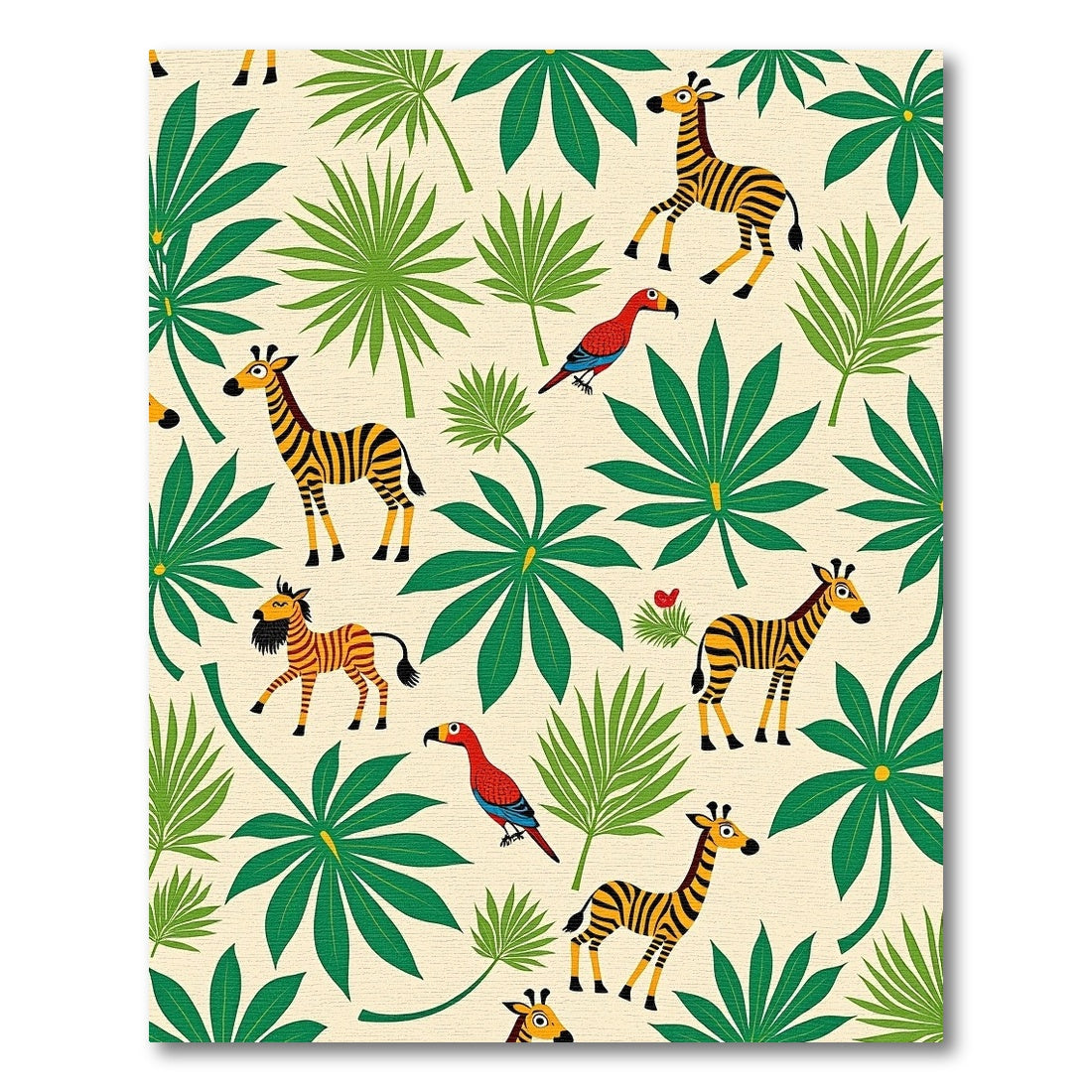 Whimsical Zebra Parrot Jungle Foliage Rug