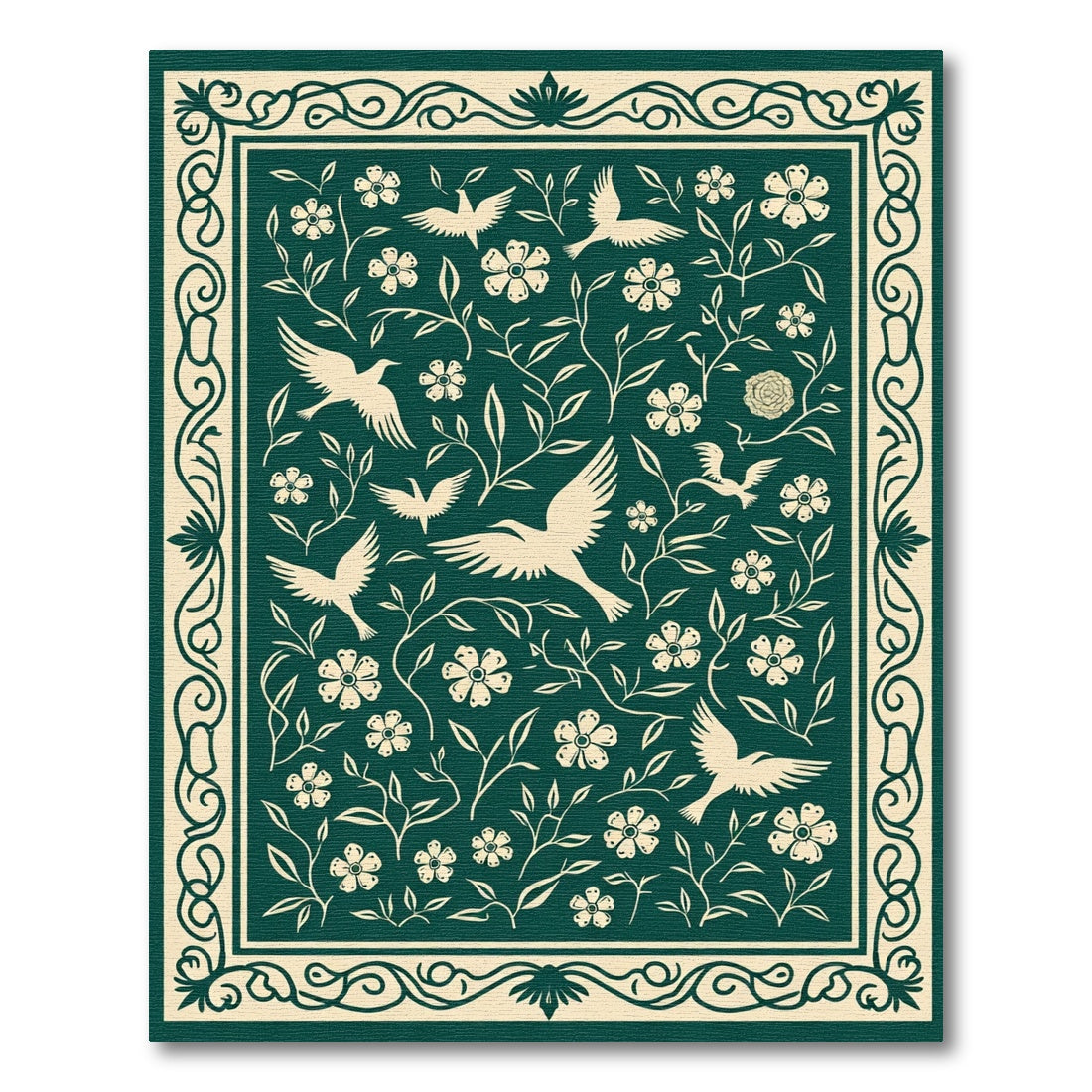 Ivory Birds Blooming Vine Border Rug