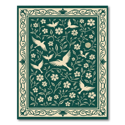 Ivory Birds Blooming Vine Border Rug