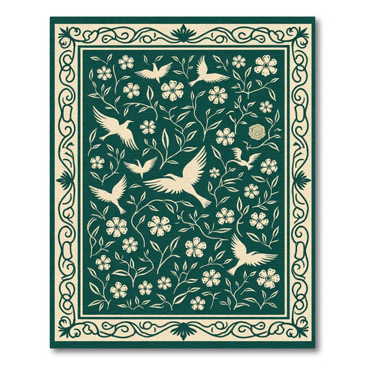 Ivory Birds Blooming Vine Border Rug