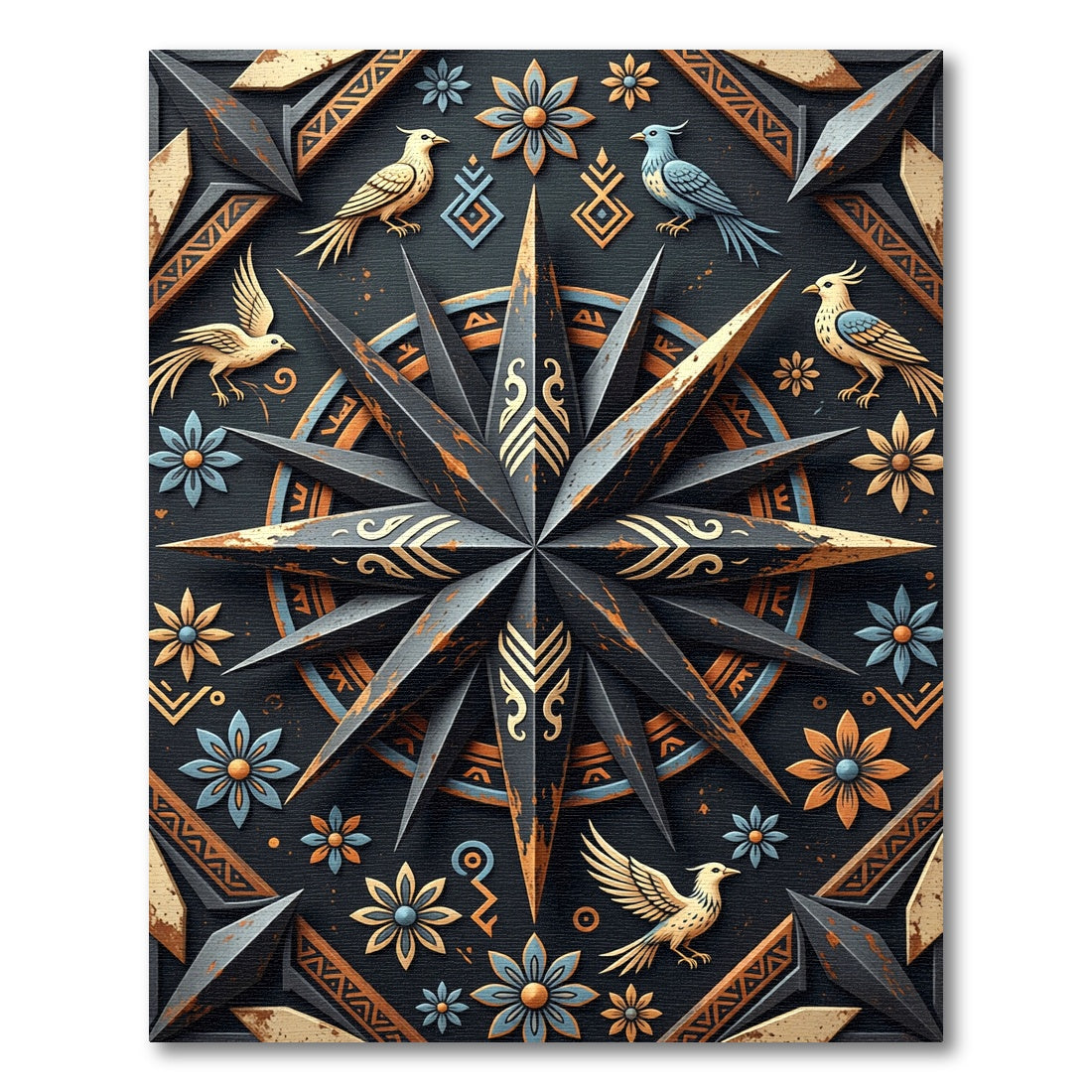 Dark Rustic Birds Floral Compass Star Rug