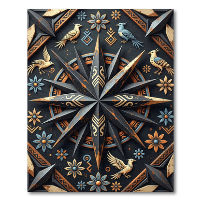 Dark Rustic Birds Floral Compass Star Rug