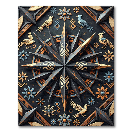 Dark Rustic Birds Floral Compass Star Rug