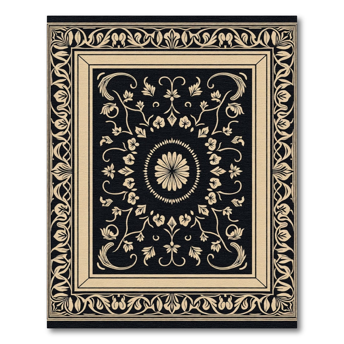 Black Cream Floral Medallion Art Deco Rug