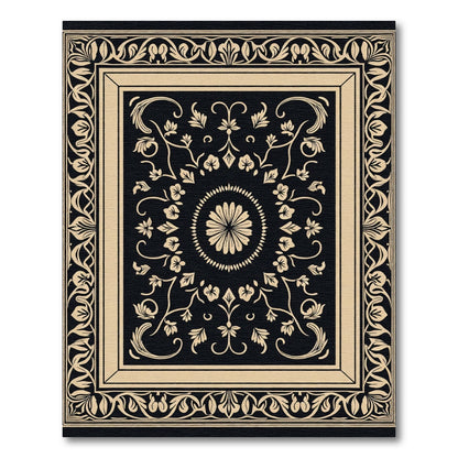 Black Cream Floral Medallion Art Deco Rug