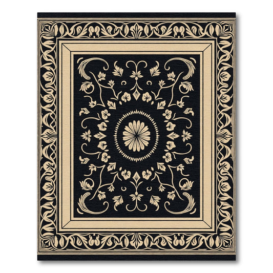 Black Cream Floral Medallion Art Deco Rug
