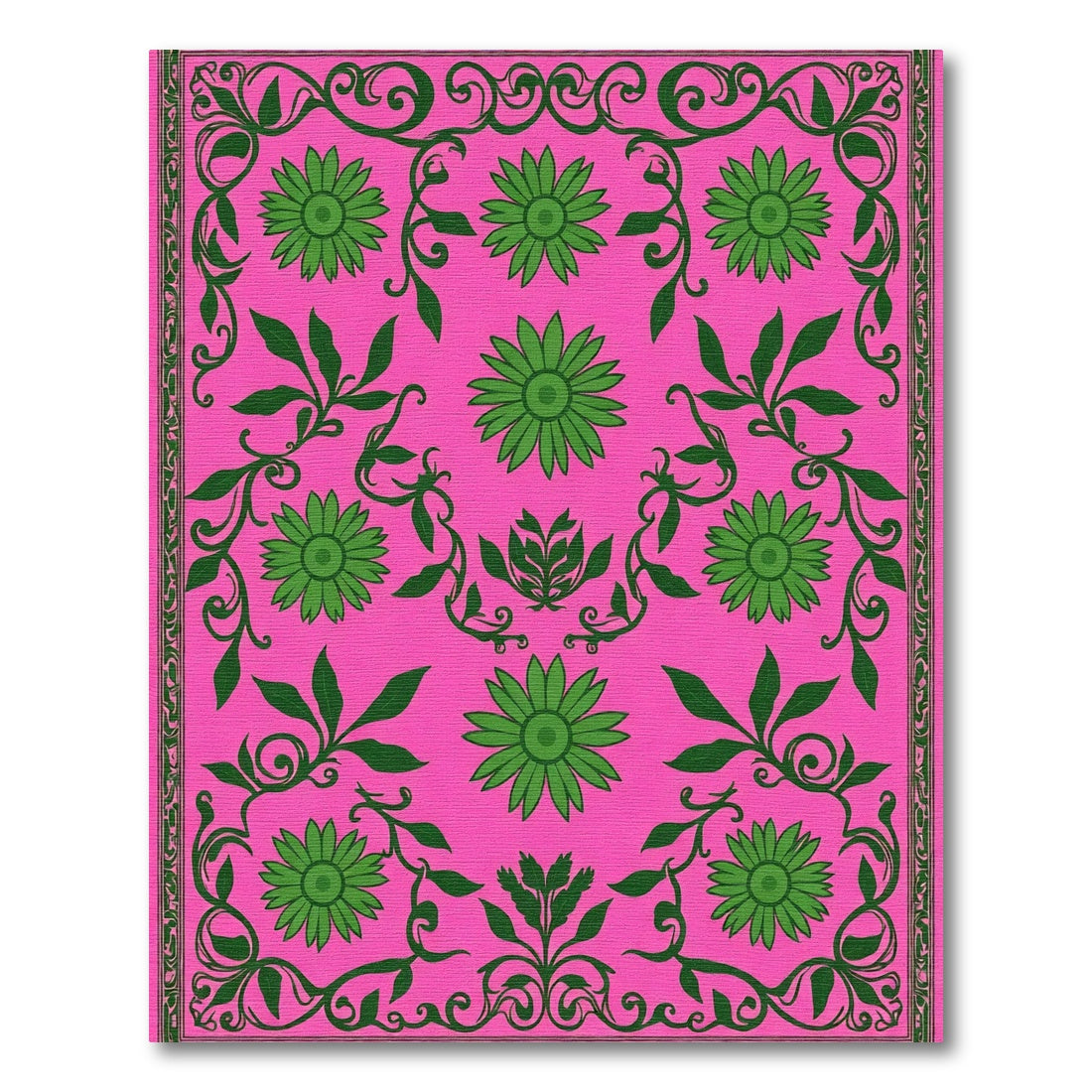Hot Pink Green Floral Vine Art Rug