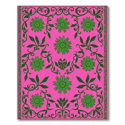 Hot Pink Green Floral Vine Art Rug