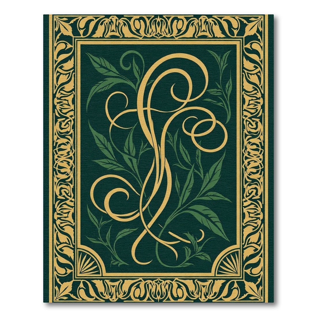 Elegant Gold Emerald Leaf Scroll Rug