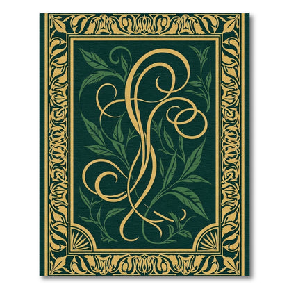 Elegant Gold Emerald Leaf Scroll Rug