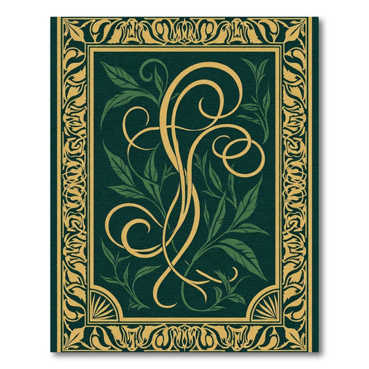 Elegant Gold Emerald Leaf Scroll Rug