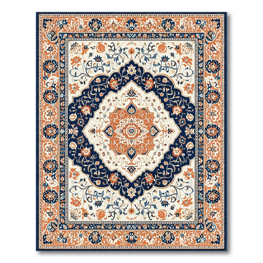Traditional Persian Floral Rug in Navy Blue and Orange