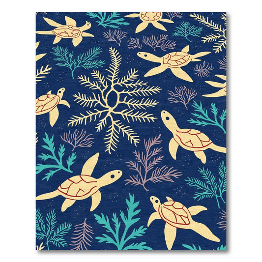 Yellow Sea Turtle Coral Navy Rug