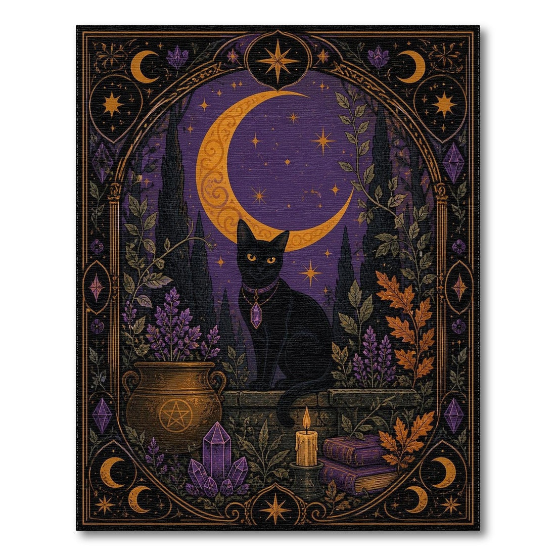 Mystical Black Cat Purple Moon Area Rug