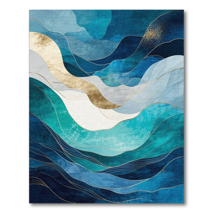 Navy Teal Gold Abstract Waves Rug