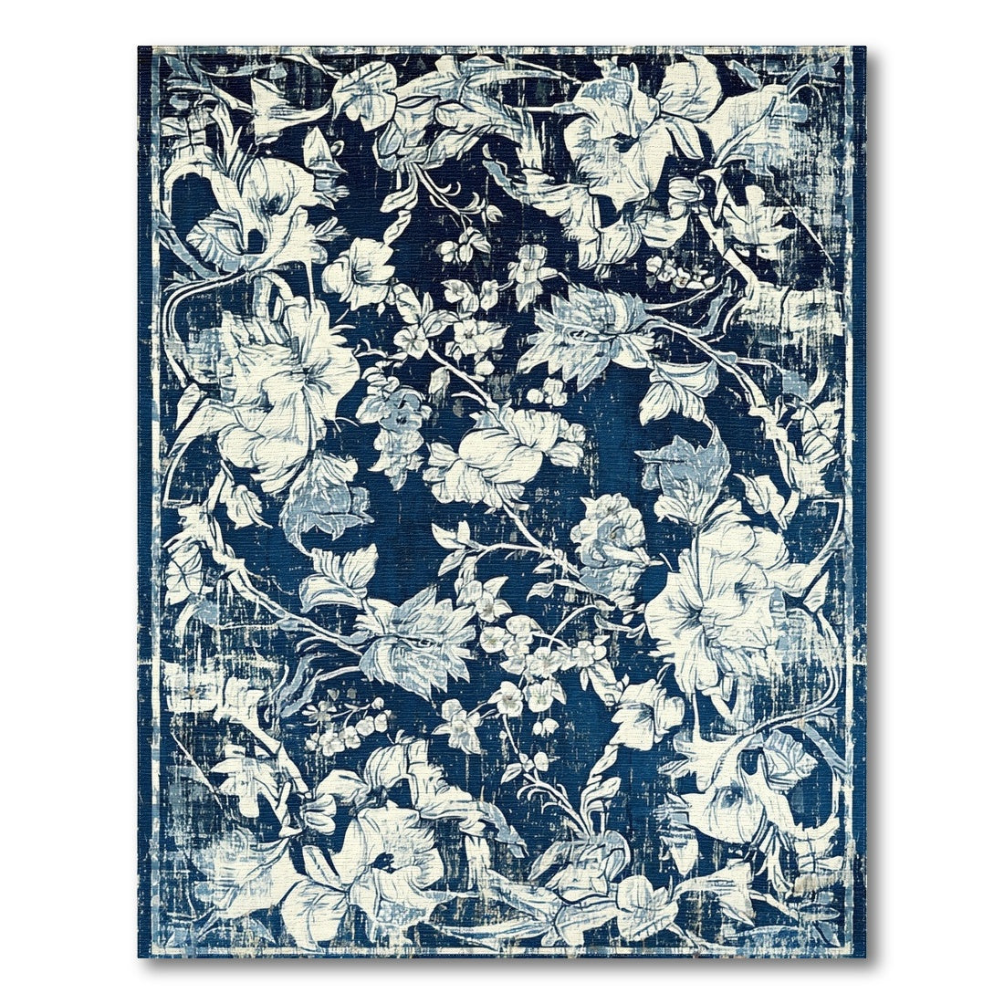 Navy Blue Floral Distressed Vintage Area Rug