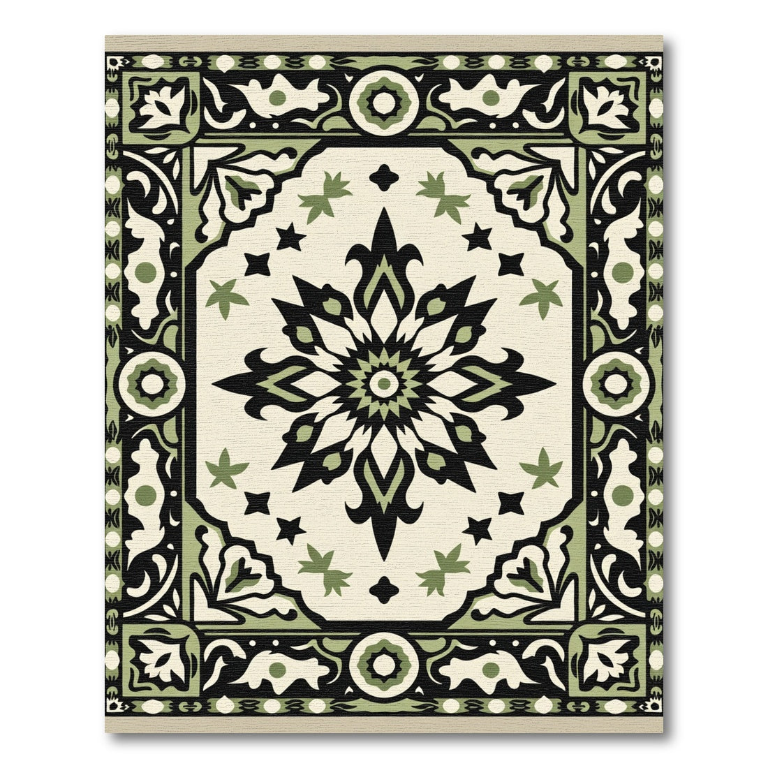 Green Black Cream Floral Medallion Rug