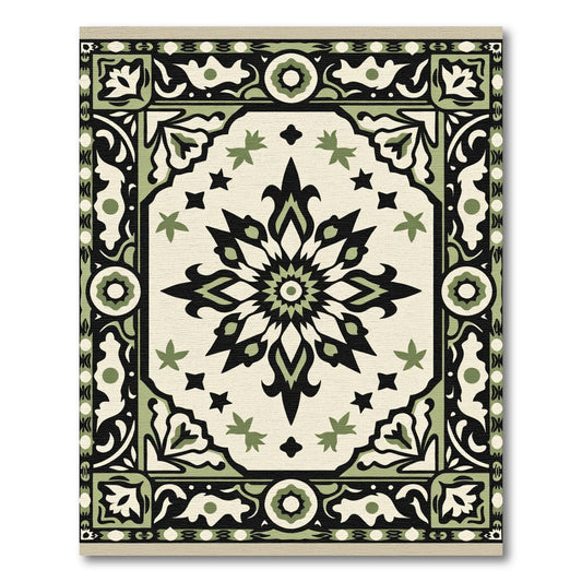 Green Black Cream Floral Medallion Rug