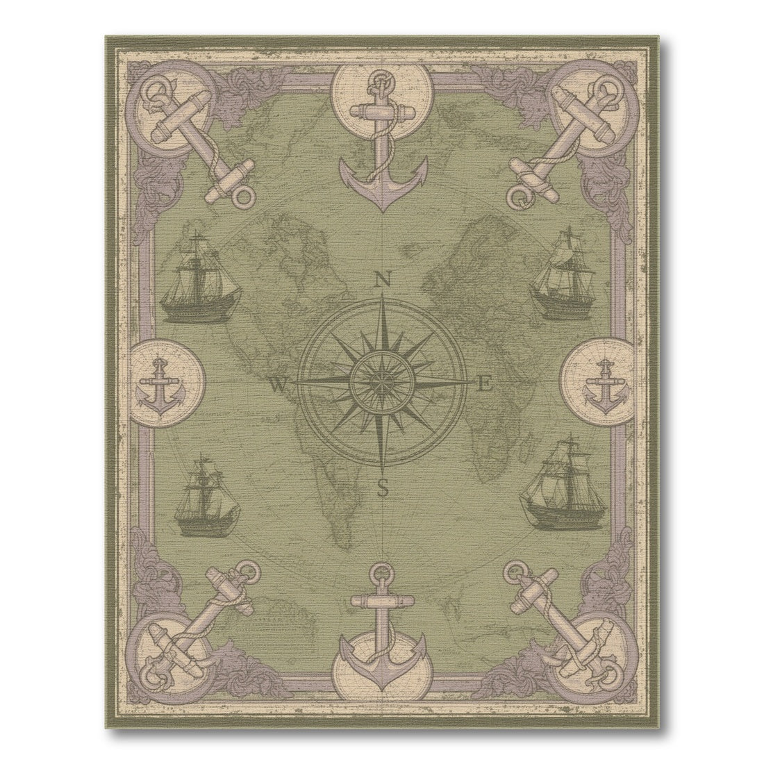 Distressed Nautical World Map Area Rug