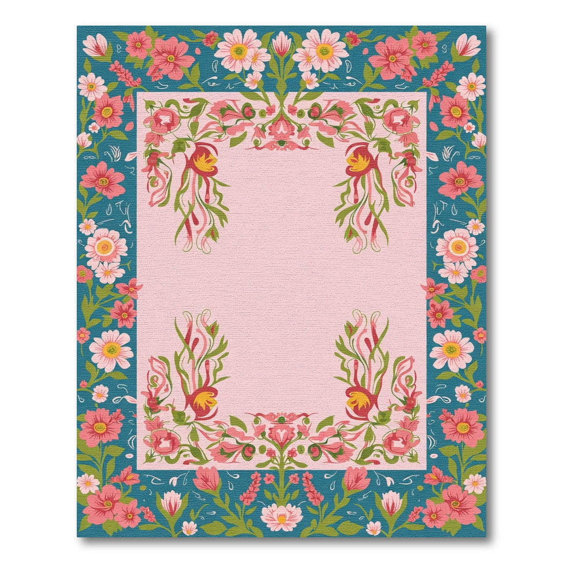 Pink and Teal Floral Border Rug