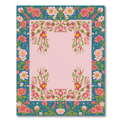Pink and Teal Floral Border Rug