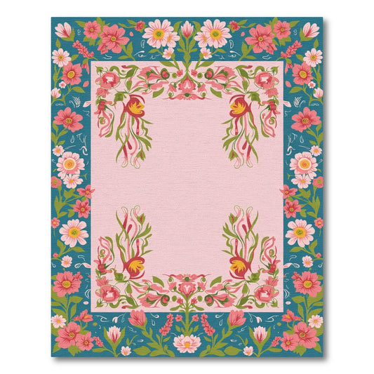Pink and Teal Floral Border Rug