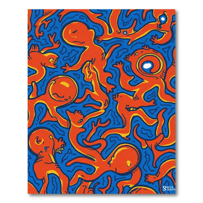 Whimsical Red Figures Blue Background Rug