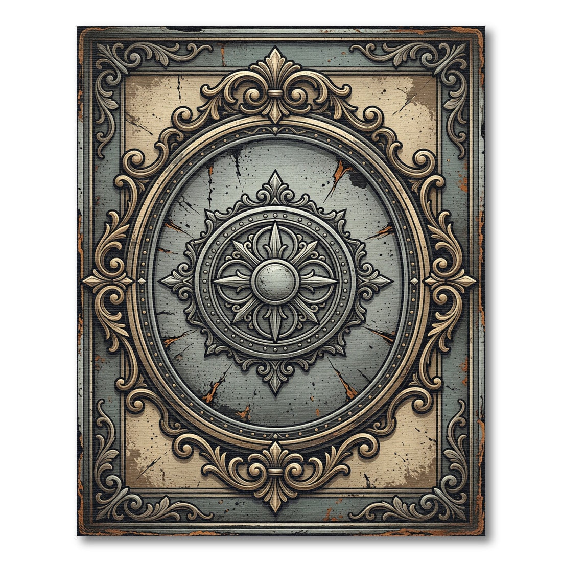 Antique Gray Golden Medallion Symmetry Rug