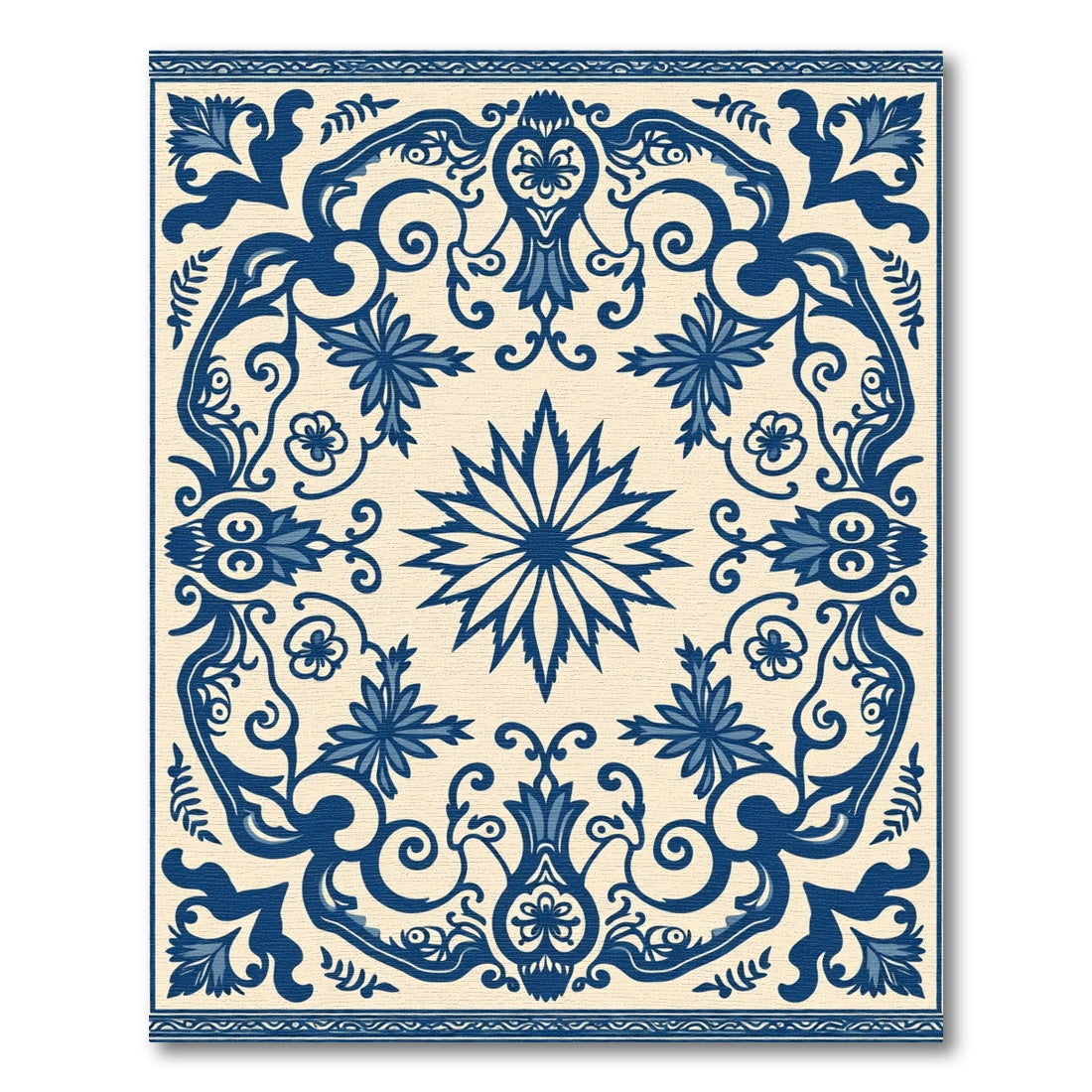 Blue Cream Floral Medallion Swirl Rug
