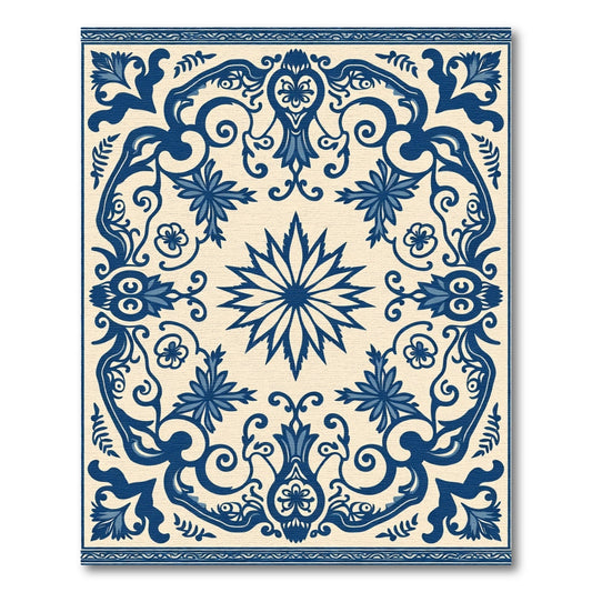 Blue Cream Floral Medallion Swirl Rug