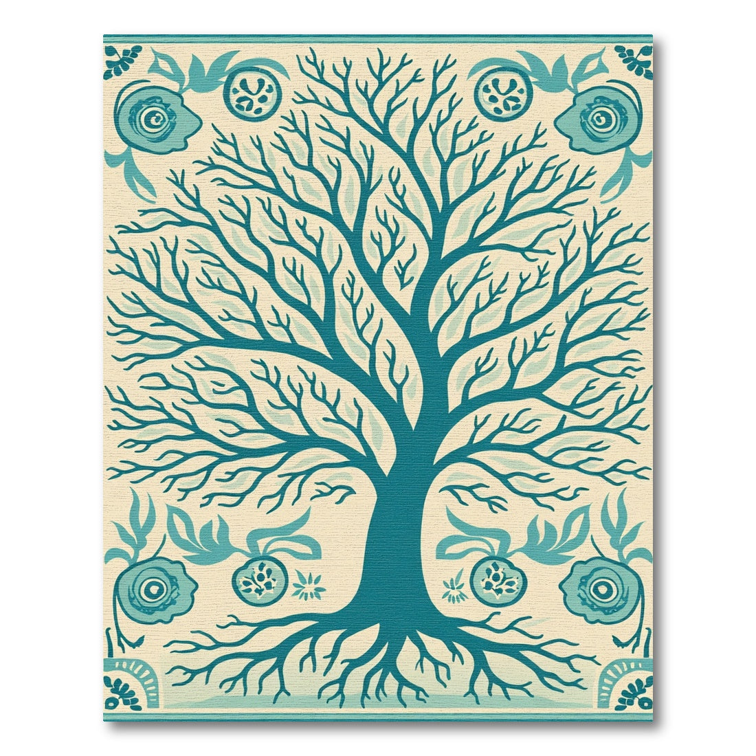 Teal Tree of Life Folk Art Rug