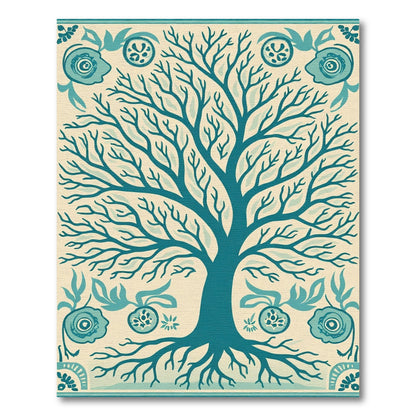 Teal Tree of Life Folk Art Rug