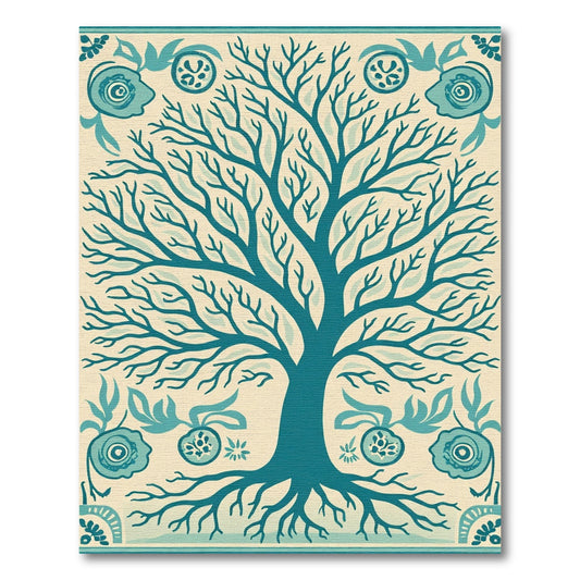Teal Tree of Life Folk Art Rug