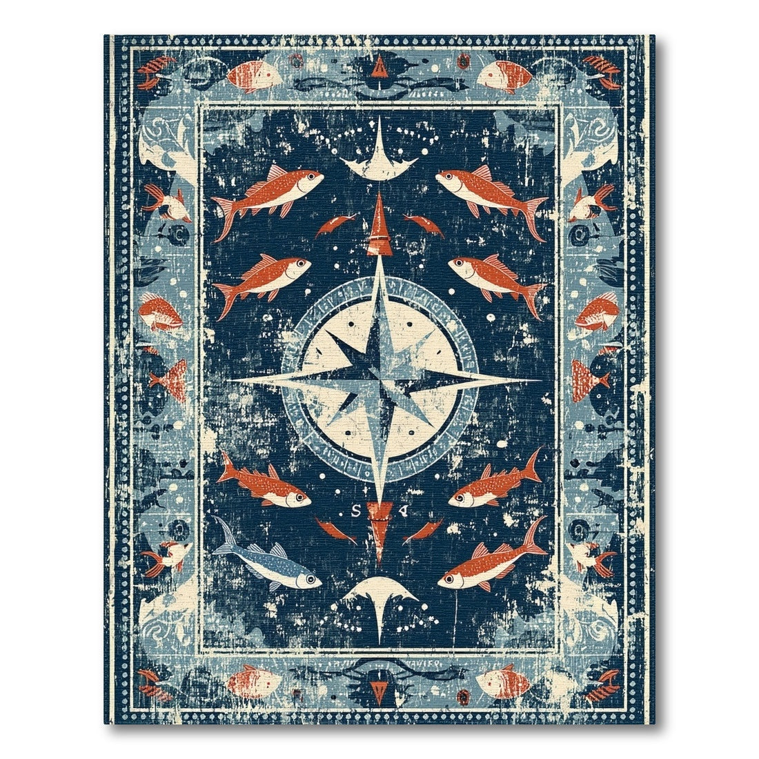 Distressed Nautical Compass Fish Area Rug