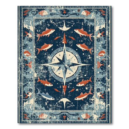 Distressed Nautical Compass Fish Area Rug