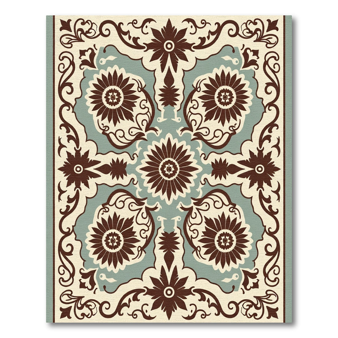 Brown Floral Medallion Cream Teal Rug