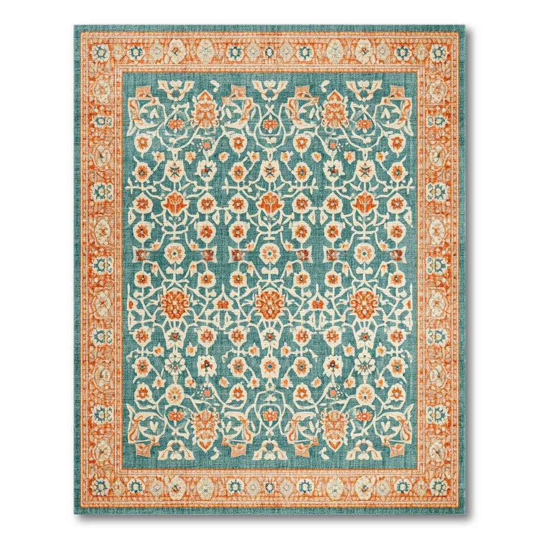 Teal Floral Vintage Area Rug with Orange Accents