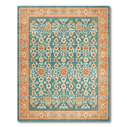 Teal Floral Vintage Area Rug with Orange Accents