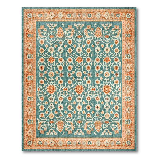 Teal Floral Vintage Area Rug with Orange Accents